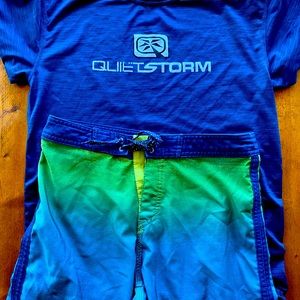 Boys Ron Jon board shorts and Quiet Storm swim shirt